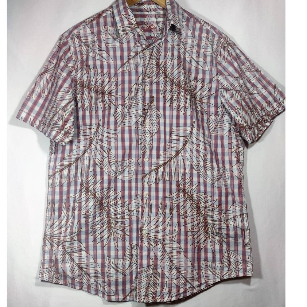 Tasso Elba Mens Hawaiin Brown‎ Checkered 100% Cotton Short Sleeve Shirt Size M